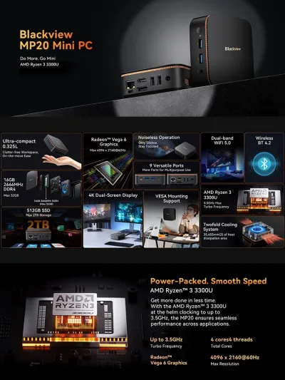 Mini PC Ryzen 3 noir, 16 Go, SSD 512 Go – image 3